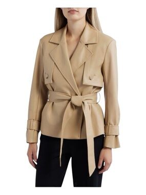 ANNE KLEIN Vegan Leather Short Belted Trench Coat, Size 10.